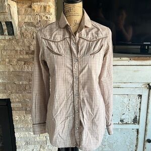 Vtg Regina Porter for Porterhouse brown plaid western cowgirl shirt pearl snap